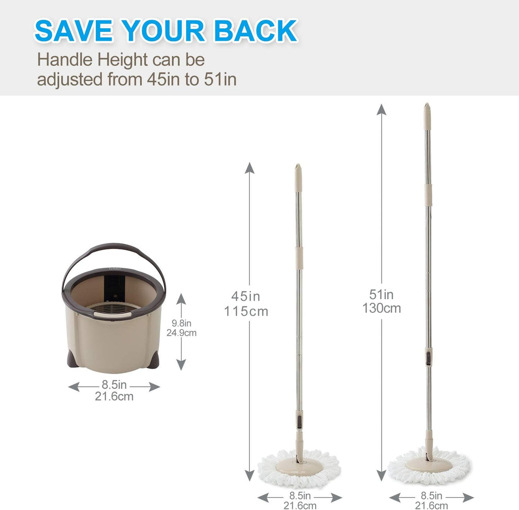 Spin Mop and Bucket Set, 2 Microfiber Heads, Wash & Dry | Self-Cleaning Mop Bucket System for Hardwood, Tile, Vinyl Floors, Adjustable Stainless Steel Handle, Space-Saving Design