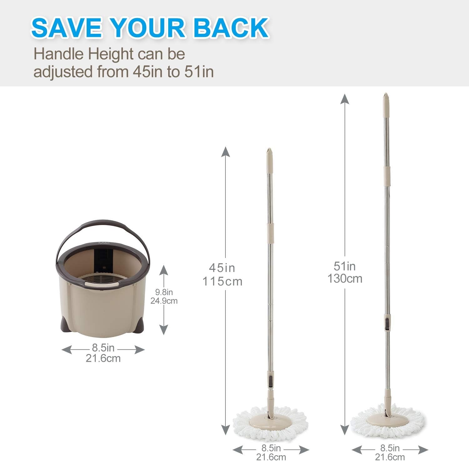 Spin Mop and Bucket Set, 2 Microfiber Heads, Wash & Dry | Self-Cleaning Mop Bucket System for Hardwood, Tile, Vinyl Floors, Adjustable Stainless Steel Handle, Space-Saving Design