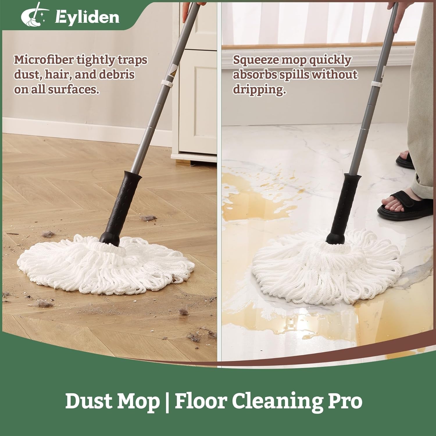 Twist Mop - Simple, 57" Long Handle, Self-Wringing Microfiber String Mop for Floor Cleaning, Traps Dust & Pet Hair, Absorbs Spills Quickly, Safe for All Floor Types, JX-0001, White