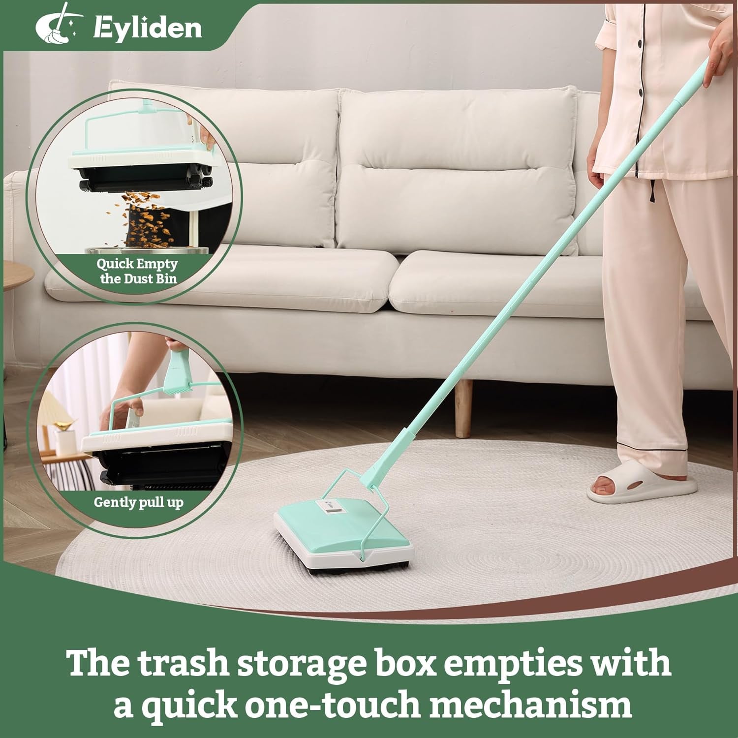 X-Large Carpet Sweeper - Quiet Manual Sweeper for Carpets & Rugs | 1 Extra Refill Roller Brush, Non-Electric, Hand Push, Quietly Cleans Debris and Messes, Restaurant Roller Broom, Mint