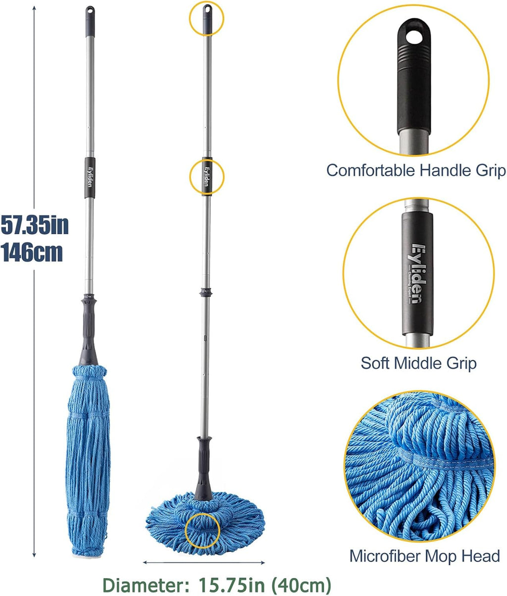 Mop with 2 Reusable Microfiber Heads, Easy Wringing Twist Mop | 57.5 Inch Long Handle, Wet Mops for Floor Cleaning, Commercial Household Clean Hardwood, Vinyl, Tile and More