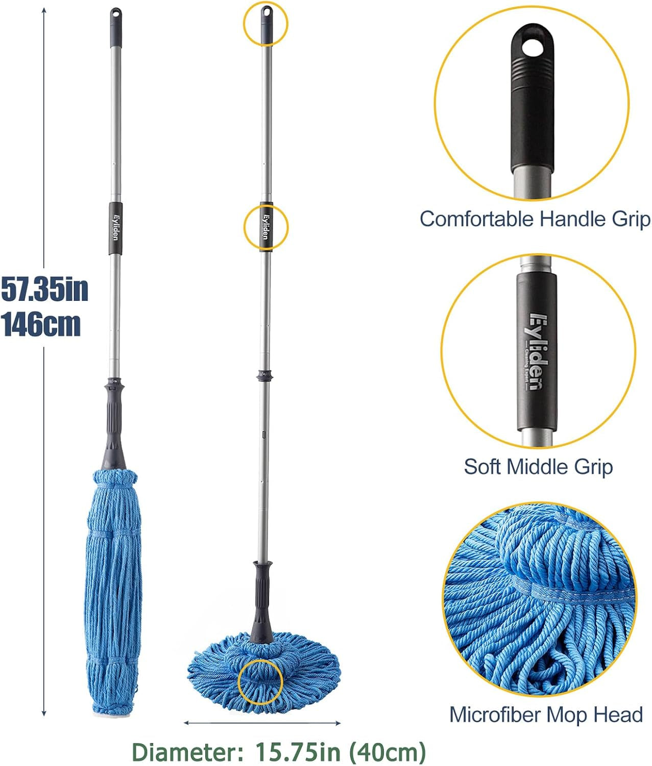 Mop with 2 Reusable Microfiber Heads, Easy Wringing Twist Mop | 57.5 Inch Long Handle, Wet Mops for Floor Cleaning, Commercial Household Clean Hardwood, Vinyl, Tile and More