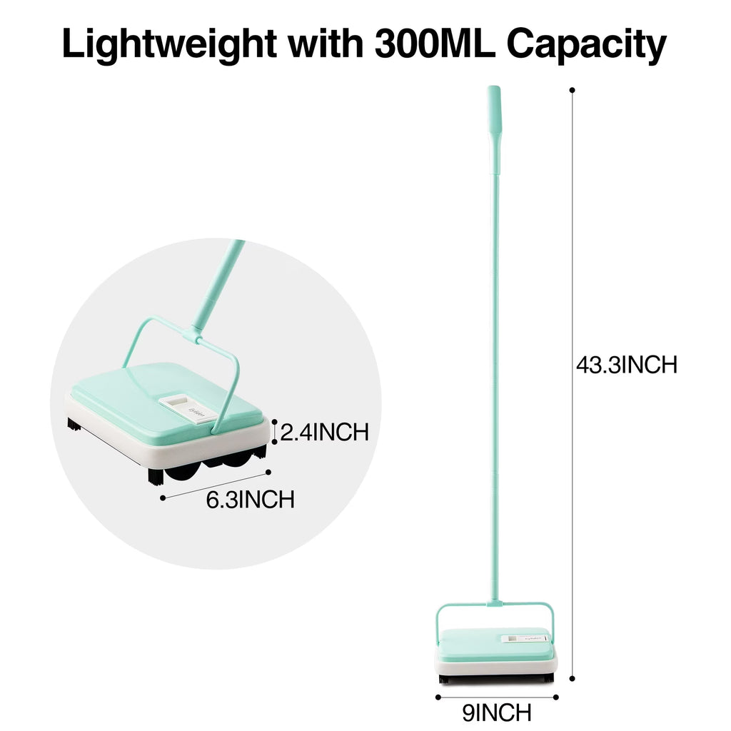 Hand Push Carpet Sweeper, Mini Size Lightweight, Non Electric, No Noise, Green