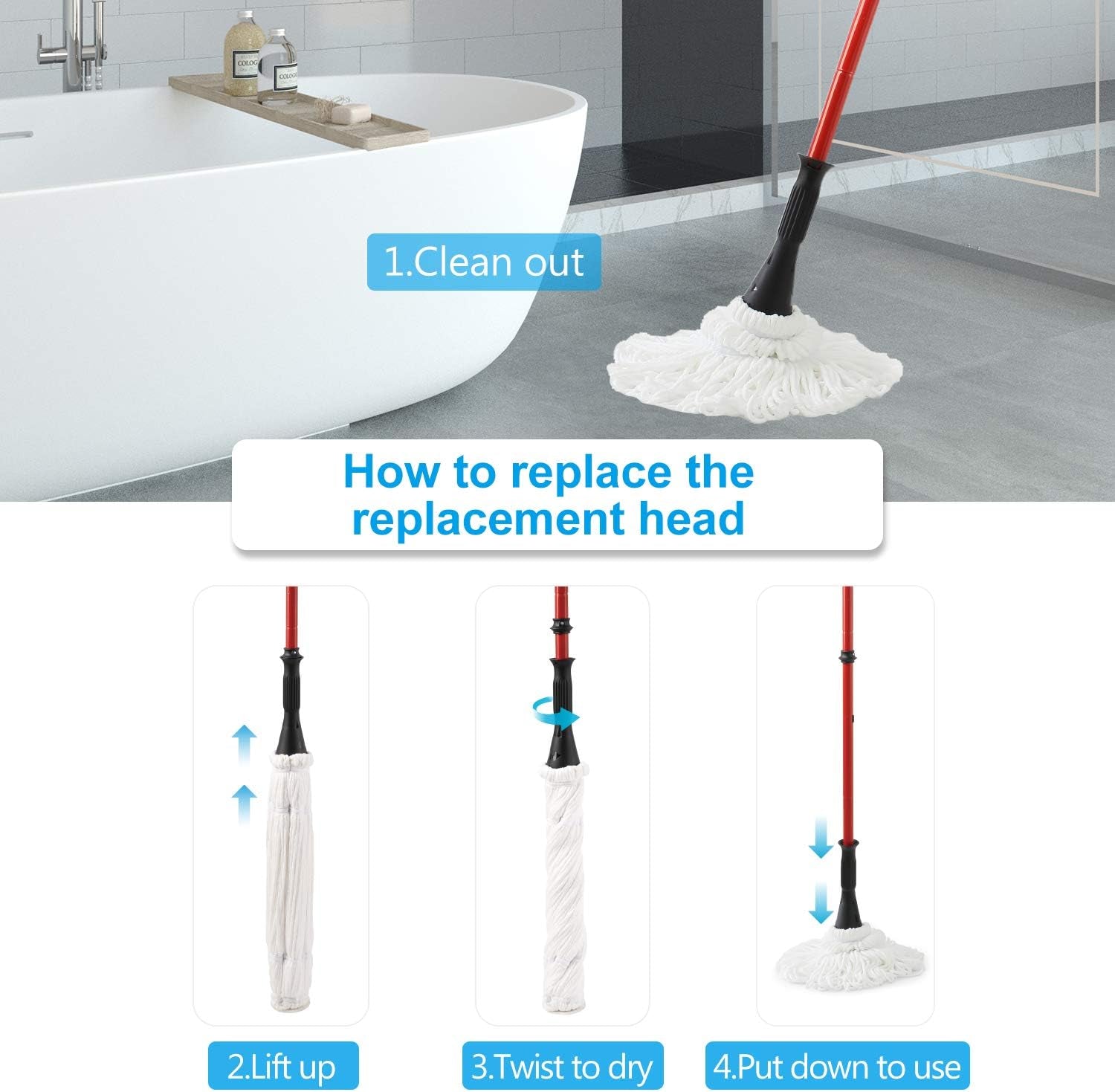 Mop Model No.: FZ-02-2020/FZ-02-2019 Replacement Head, 2Pcs Microfiber Mop Pads for  Twist Mops, Floor Cleaning Mops Head(Not Include Handle), Suitable for Any Surfaces (2Pack Heads)