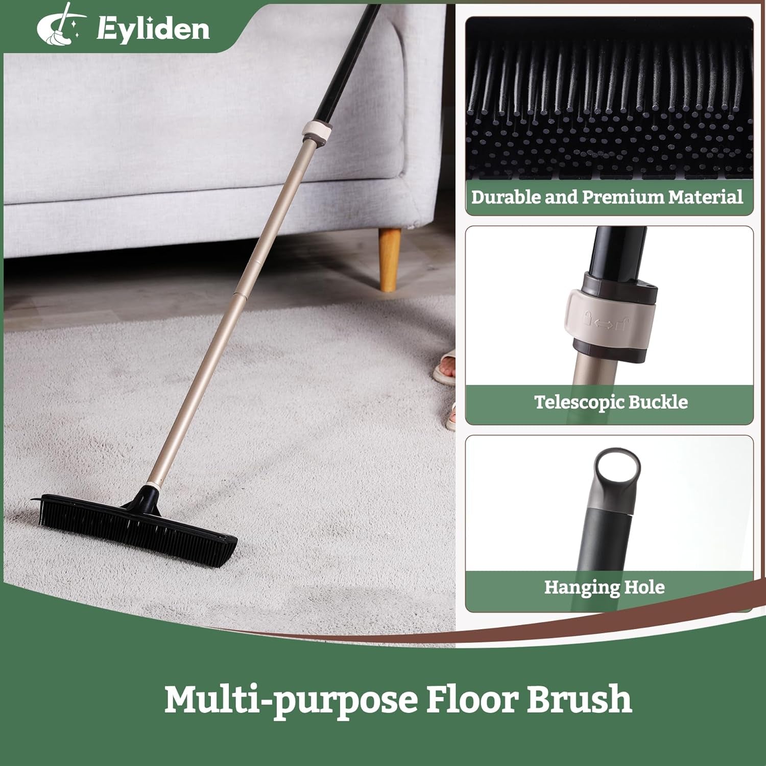 Rubber Carpet Rake with Squeegee for Pet Hair & Floor Water Removal | 2-In-1 Push Broom, Fur Brush for Carpet Rug, Scrape for Liquid Spills on Hardwood Tile, 54" Telescopic Handle, 45° Angle Head