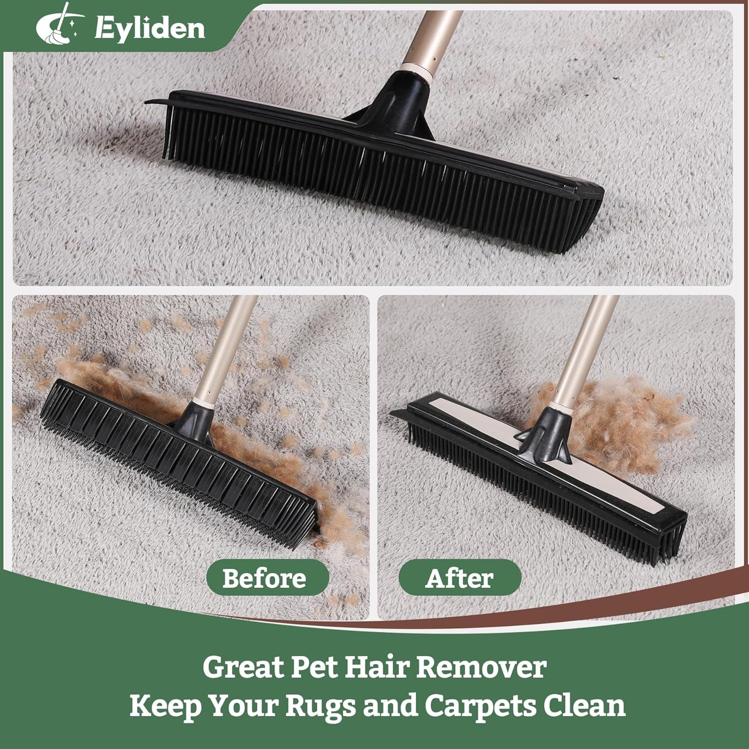 Rubber Carpet Rake with Squeegee for Pet Hair & Floor Water Removal | 2-In-1 Push Broom, Fur Brush for Carpet Rug, Scrape for Liquid Spills on Hardwood Tile, 54" Telescopic Handle, 45° Angle Head