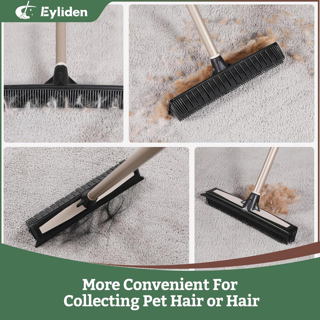 Rubber Carpet Rake with Squeegee for Pet Hair & Floor Water Removal | 2-In-1 Push Broom, Fur Brush for Carpet Rug, Scrape for Liquid Spills on Hardwood Tile, 54" Telescopic Handle, 45° Angle Head