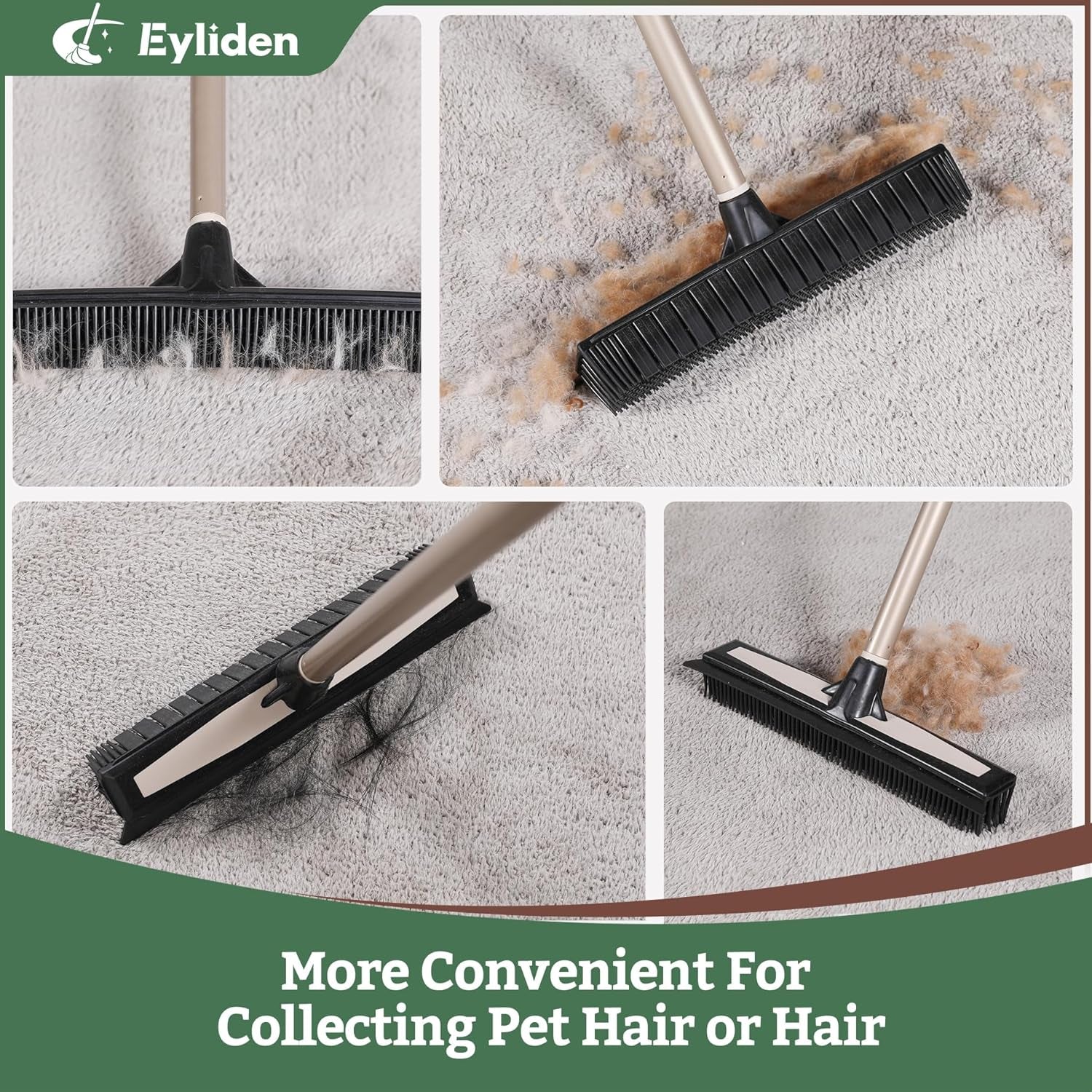 Rubber Carpet Rake with Squeegee for Pet Hair & Floor Water Removal | 2-In-1 Push Broom, Fur Brush for Carpet Rug, Scrape for Liquid Spills on Hardwood Tile, 54" Telescopic Handle, 45° Angle Head