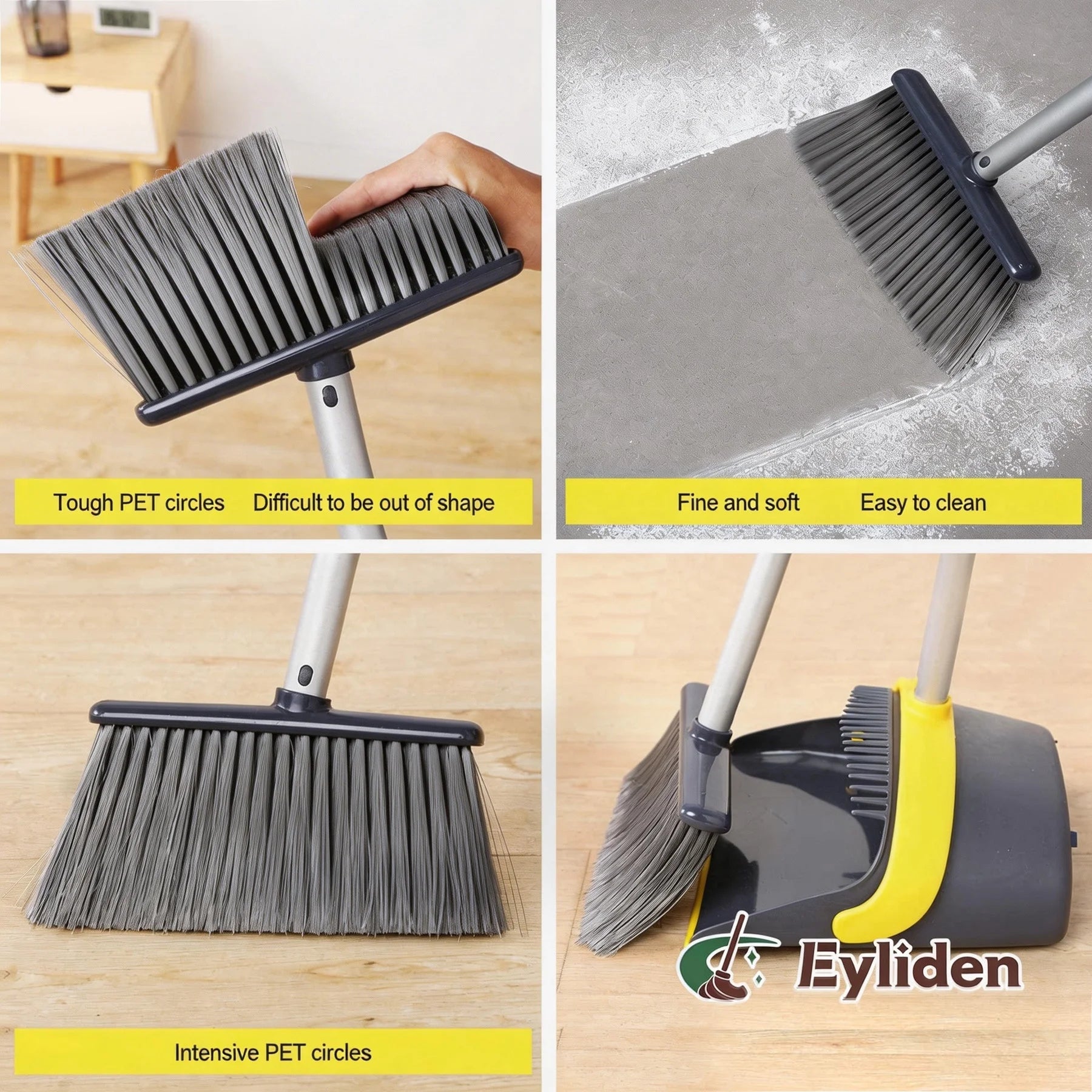 Broom and Dustpan Combo Set for Home Hardwood Floor with Long Handle to 50", Dark Grey