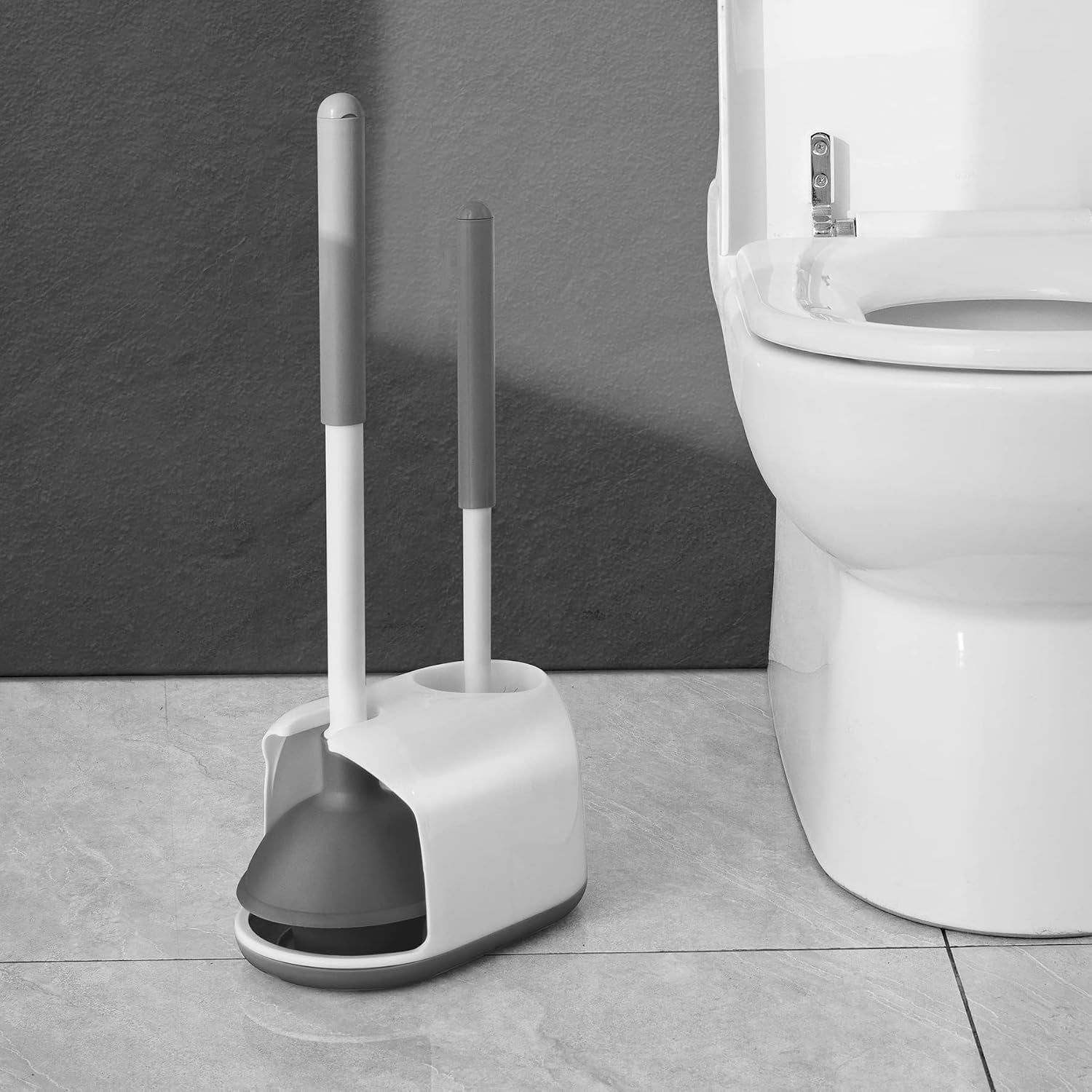 Toilet Plunger and Brush Set, 2-In-1 Compact Holder | Unclogs Toilets, Deep Cleans Bowls, Nylon Bristles, Rubber Cup, Durable Plastic Caddy, Space-Saver, Bathroom Cleaning Tools