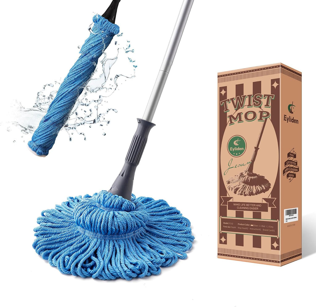 Mop with 2 Reusable Microfiber Heads, Easy Wringing Twist Mop | 57.5 Inch Long Handle, Wet Mops for Floor Cleaning, Commercial Household Clean Hardwood, Vinyl, Tile and More