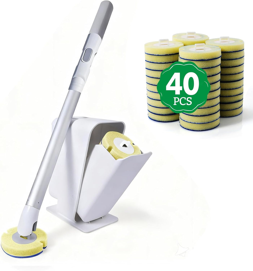 Disposable Toilet Brush with Holder, 40-Refill Touch-Free Wand Kit | Pre-Soaked Concentrated Cleaner Sponge, Auto-Open Caddy, 19.5" Aluminum Handle, 42 Set Toilet Bowl Cleaing, for Bathroom/Rv
