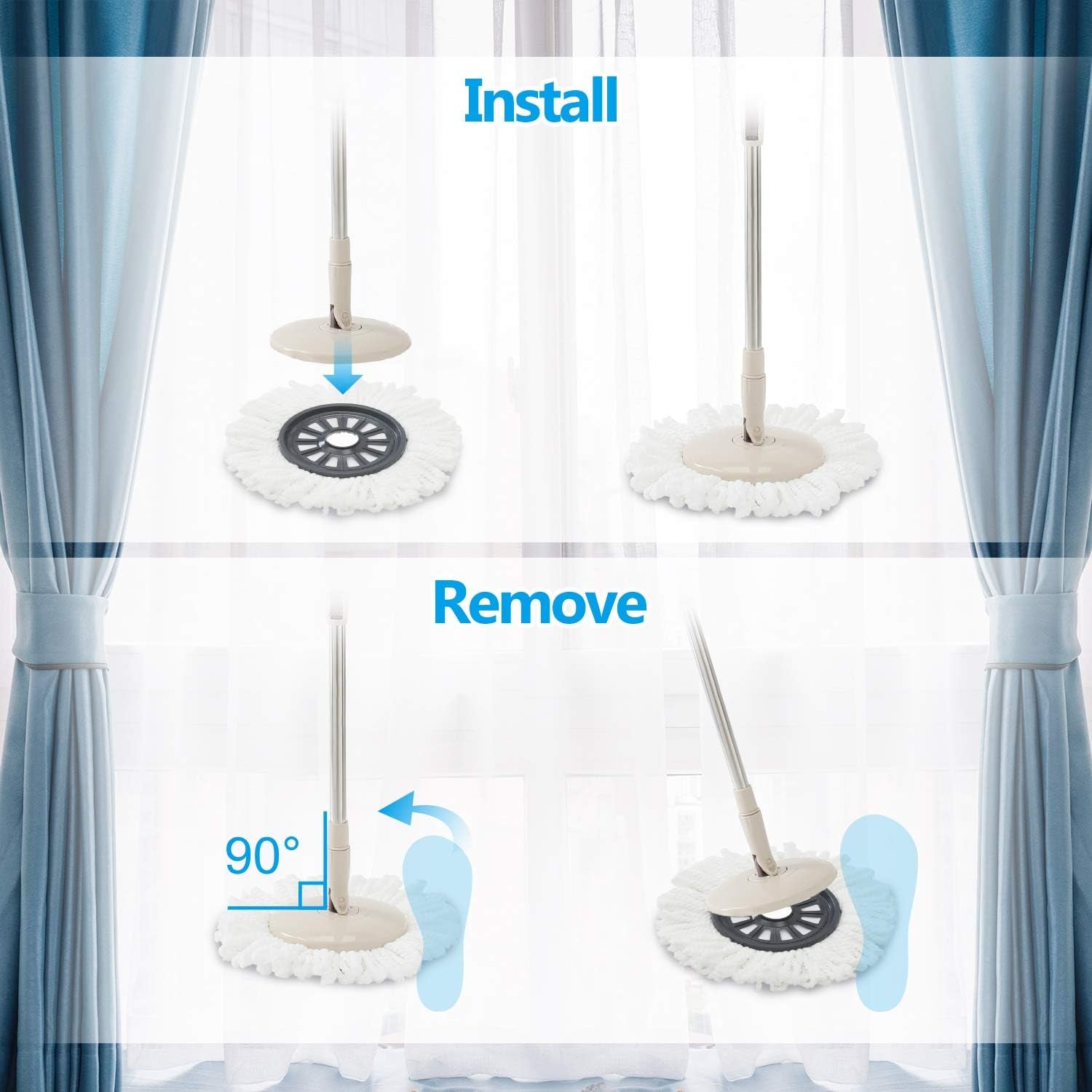 Spin Mop and Bucket Set, 2 Microfiber Heads, Wash & Dry | Self-Cleaning Mop Bucket System for Hardwood, Tile, Vinyl Floors, Adjustable Stainless Steel Handle, Space-Saving Design