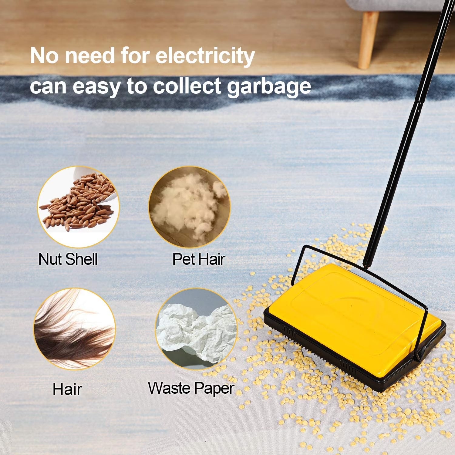 Manual Hand Push Carpet Sweeper Cleaner for Low Carpets Rugs, Yellow Color