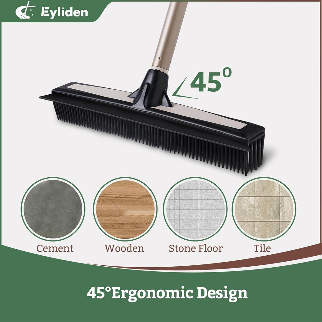 Rubber Carpet Rake with Squeegee for Pet Hair & Floor Water Removal | 2-In-1 Push Broom, Fur Brush for Carpet Rug, Scrape for Liquid Spills on Hardwood Tile, 54" Telescopic Handle, 45° Angle Head