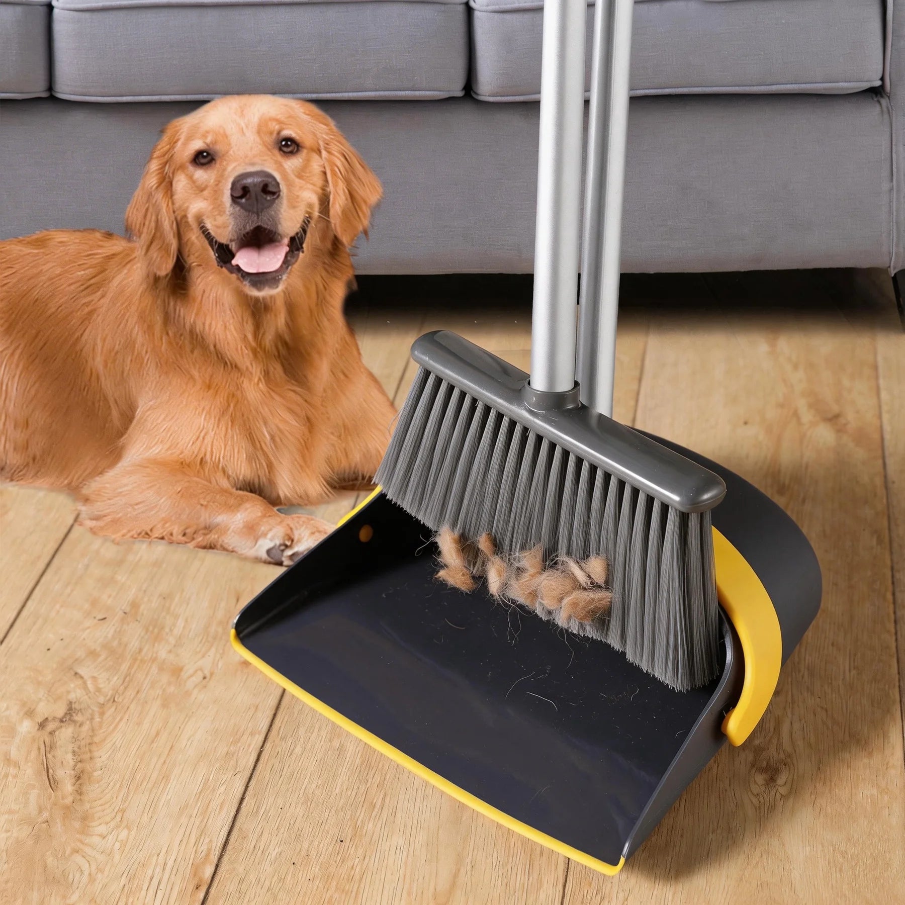 Broom and Dustpan Combo Set for Home Hardwood Floor with Long Handle to 50", Dark Grey