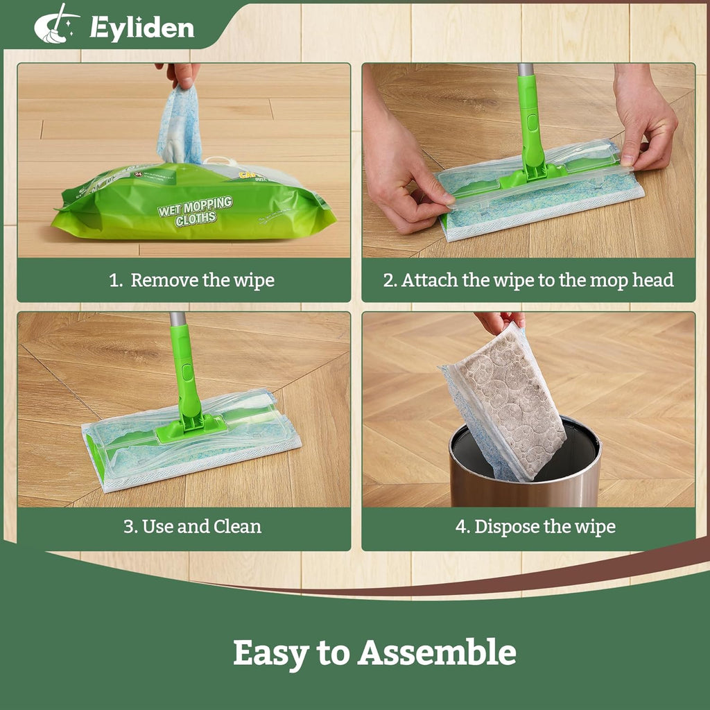 24 Count Wet Mop Pads Refills, Pre-Moistened Floor Cleaning Disposable Pads with Cleaner for 10 Inch Sweeper Mops, Safe for Hardwood Laminate Tile Vinyl and Linoleum Floors