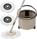 Spin Mop and Bucket Set, 2 Microfiber Heads, Wash & Dry | Self-Cleaning Mop Bucket System for Hardwood, Tile, Vinyl Floors, Adjustable Stainless Steel Handle, Space-Saving Design
