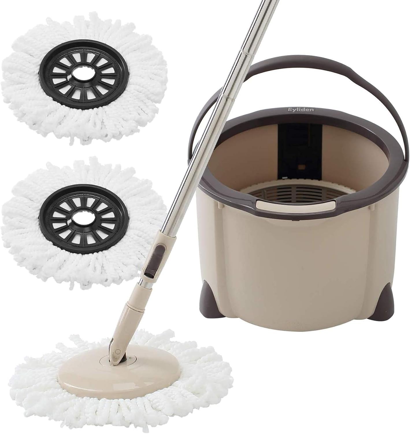 Spin Mop and Bucket Set, 2 Microfiber Heads, Wash & Dry | Self-Cleaning Mop Bucket System for Hardwood, Tile, Vinyl Floors, Adjustable Stainless Steel Handle, Space-Saving Design