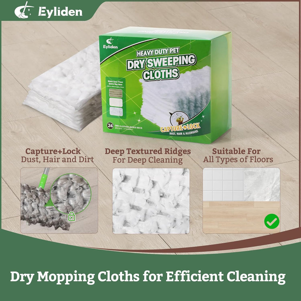 24 Count Heavy-Duty Pet Hair Sweeper Pads | Universal 10 Inch Refills | Deep Fiber Lock Technology for Fur & Dust | Dry Floor Cleaning Cloths