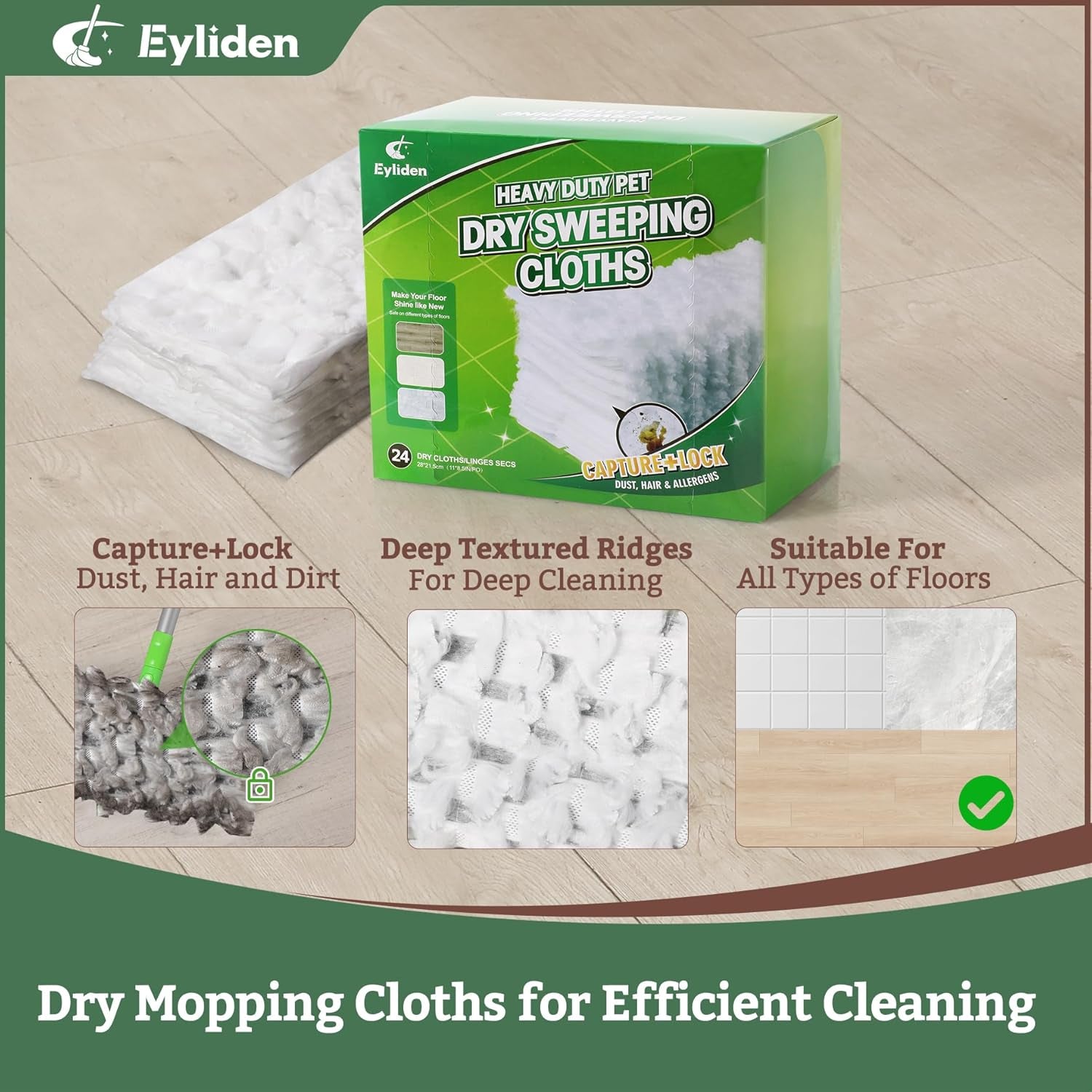 24 Count Heavy-Duty Pet Hair Sweeper Pads | Universal 10 Inch Refills | Deep Fiber Lock Technology for Fur & Dust | Dry Floor Cleaning Cloths