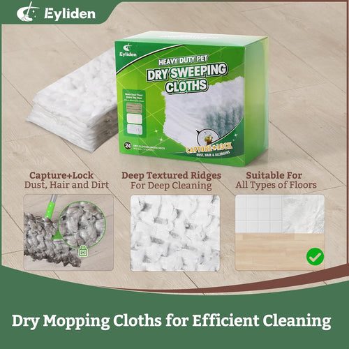 24 Count Heavy-Duty Pet Hair Sweeper Pads | Universal 10 Inch Refills | Deep Fiber Lock Technology for Fur & Dust | Dry Floor Cleaning Cloths