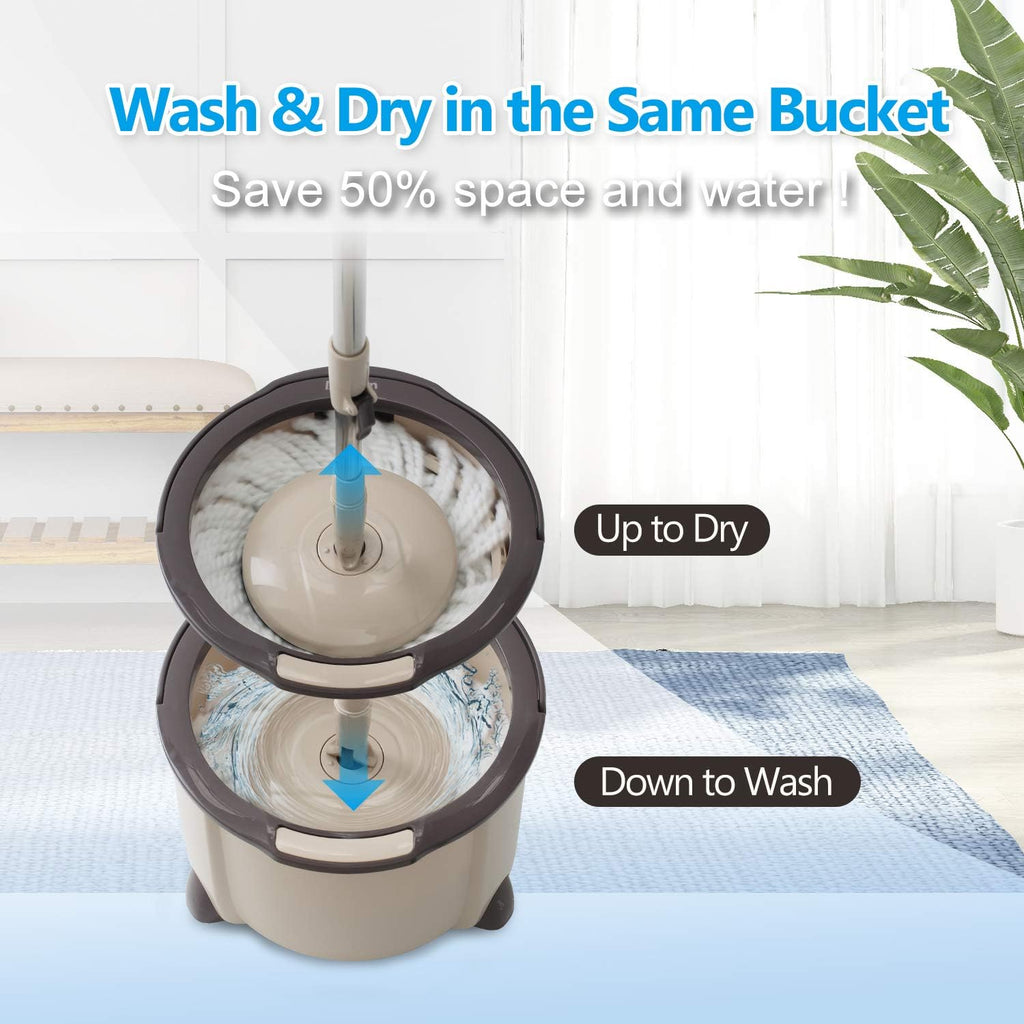 Spin Mop and Bucket Set, 2 Microfiber Heads, Wash & Dry | Self-Cleaning Mop Bucket System for Hardwood, Tile, Vinyl Floors, Adjustable Stainless Steel Handle, Space-Saving Design