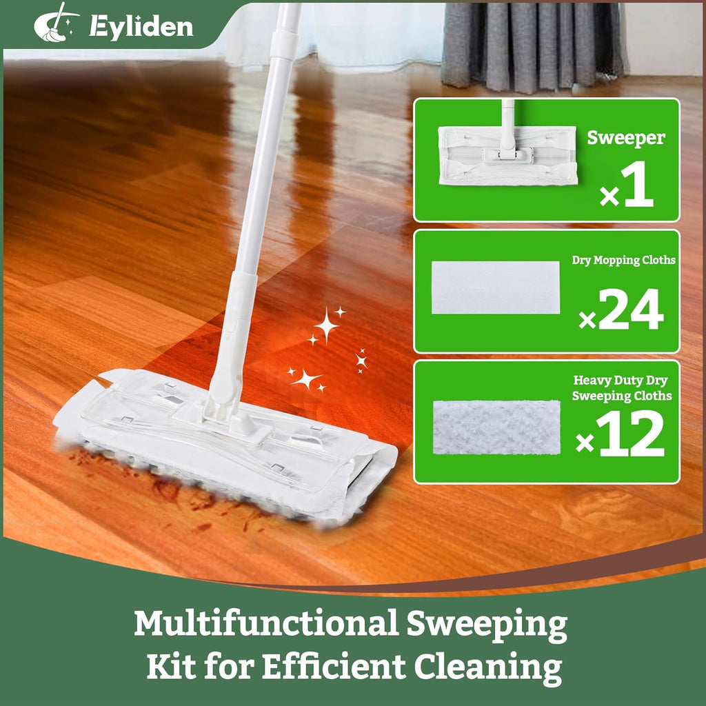 Sweeper Mop with 58" Long Handle, 36 Disposable Dry Refills | 12 Heavy-Duty Pet Hair Pads, 24 Dry Sweeping Cloths, for Hardwood Tile Vinyl Floor & Multi Surface Cleaning, Pad-Lock System