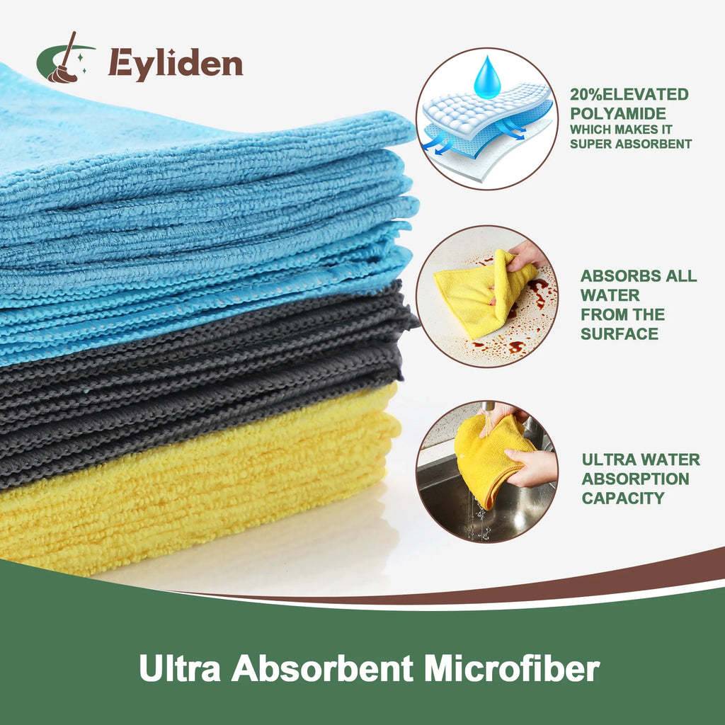 Microfiber Cleaning Cloths Wipe for Kitchen, Car Clean, Washable, Pack of 10, Size:12.6" X 12.6", Blue, Yellow, Gray
