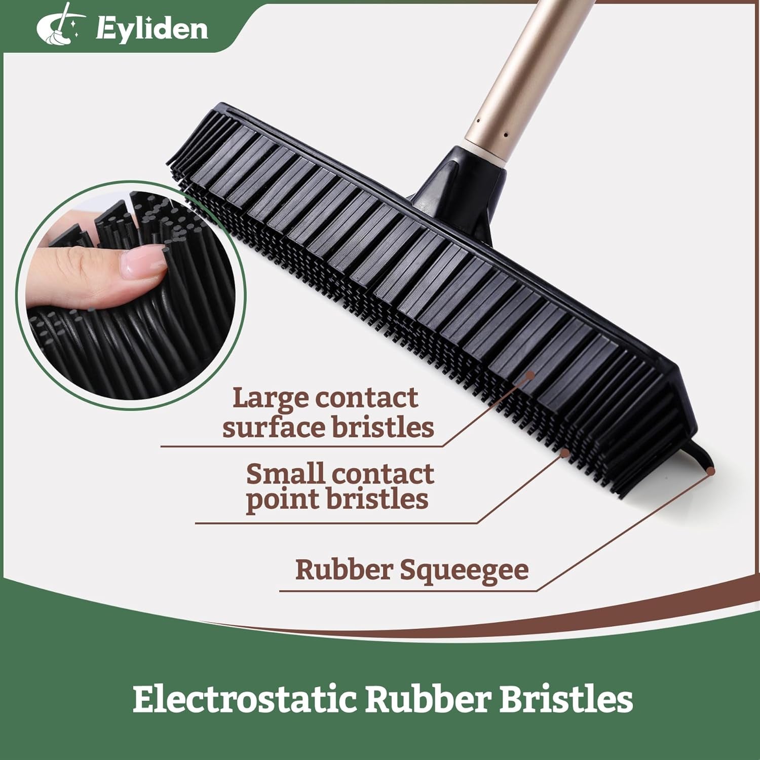Rubber Carpet Rake with Squeegee for Pet Hair & Floor Water Removal | 2-In-1 Push Broom, Fur Brush for Carpet Rug, Scrape for Liquid Spills on Hardwood Tile, 54" Telescopic Handle, 45° Angle Head