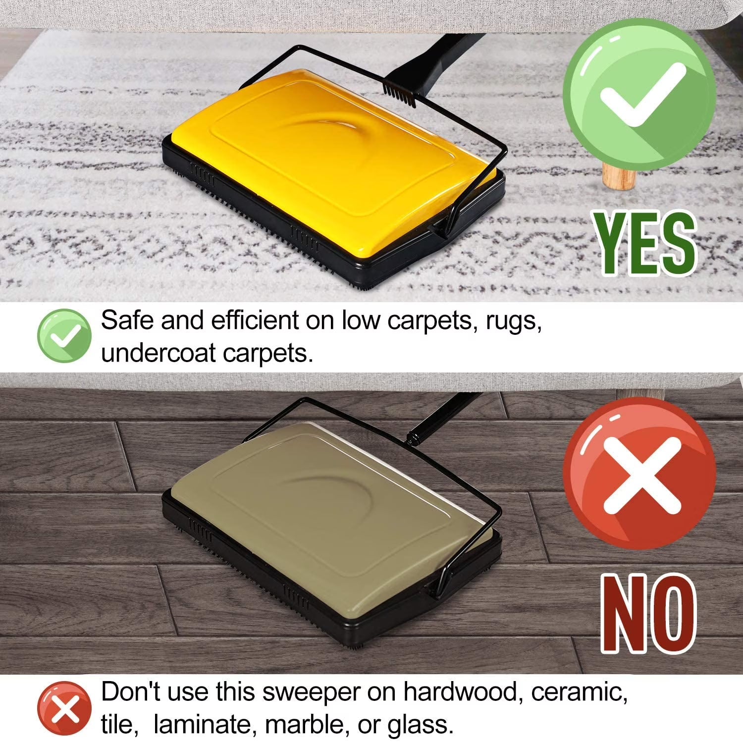 Manual Hand Push Carpet Sweeper Cleaner for Low Carpets Rugs, Yellow Color