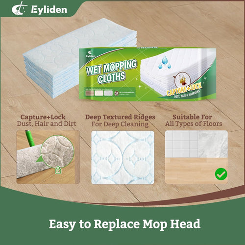 24 Count Wet Mop Pads Refills, Pre-Moistened Floor Cleaning Disposable Pads with Cleaner for 10 Inch Sweeper Mops, Safe for Hardwood Laminate Tile Vinyl and Linoleum Floors