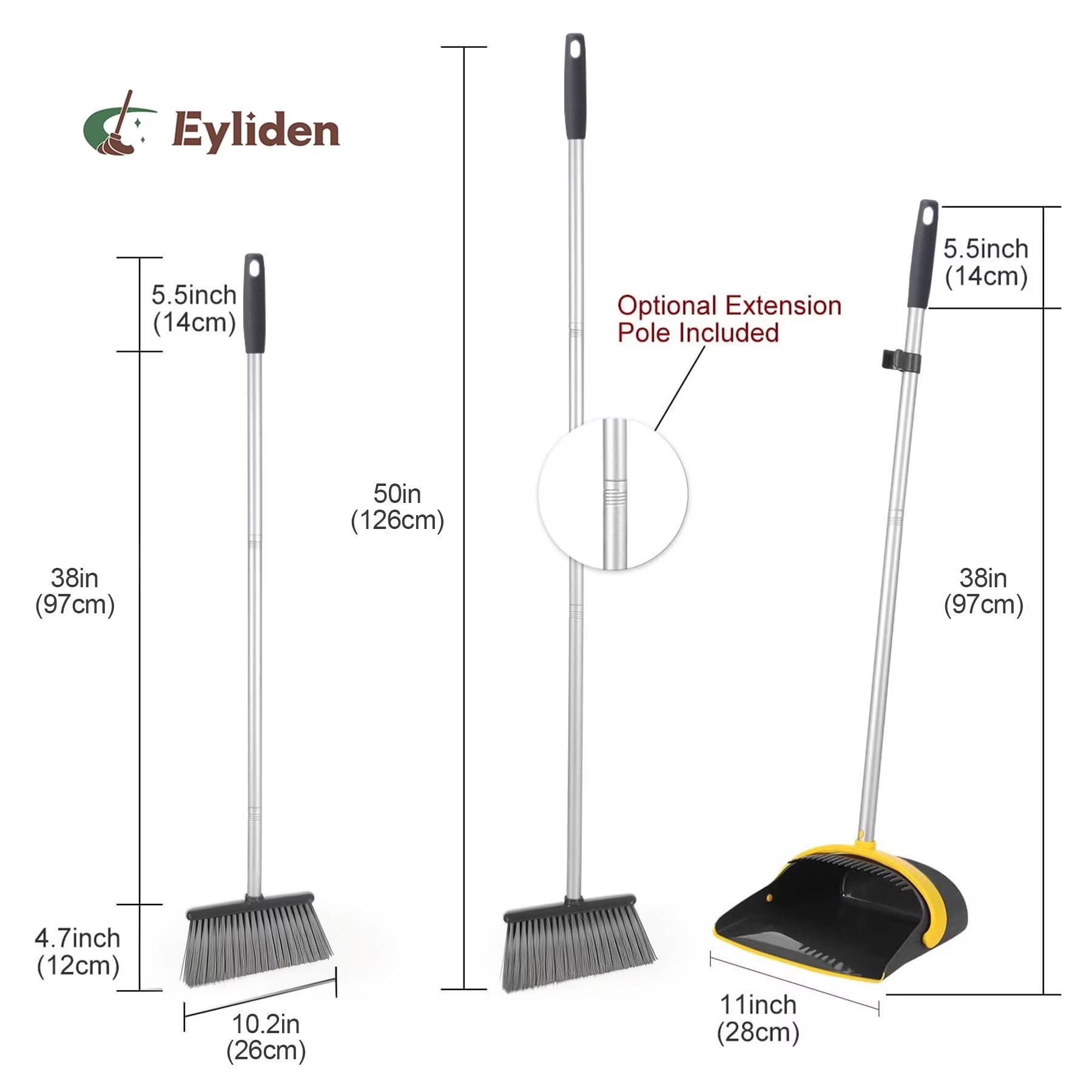 Broom and Dustpan Combo Set for Home Hardwood Floor with Long Handle to 50", Dark Grey