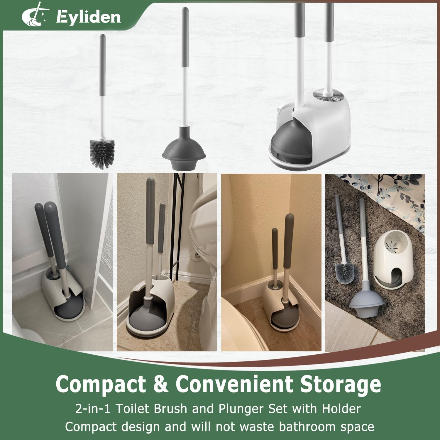 Toilet Plunger and Brush Set, 2-In-1 Compact Holder | Unclogs Toilets, Deep Cleans Bowls, Nylon Bristles, Rubber Cup, Durable Plastic Caddy, Space-Saver, Bathroom Cleaning Tools