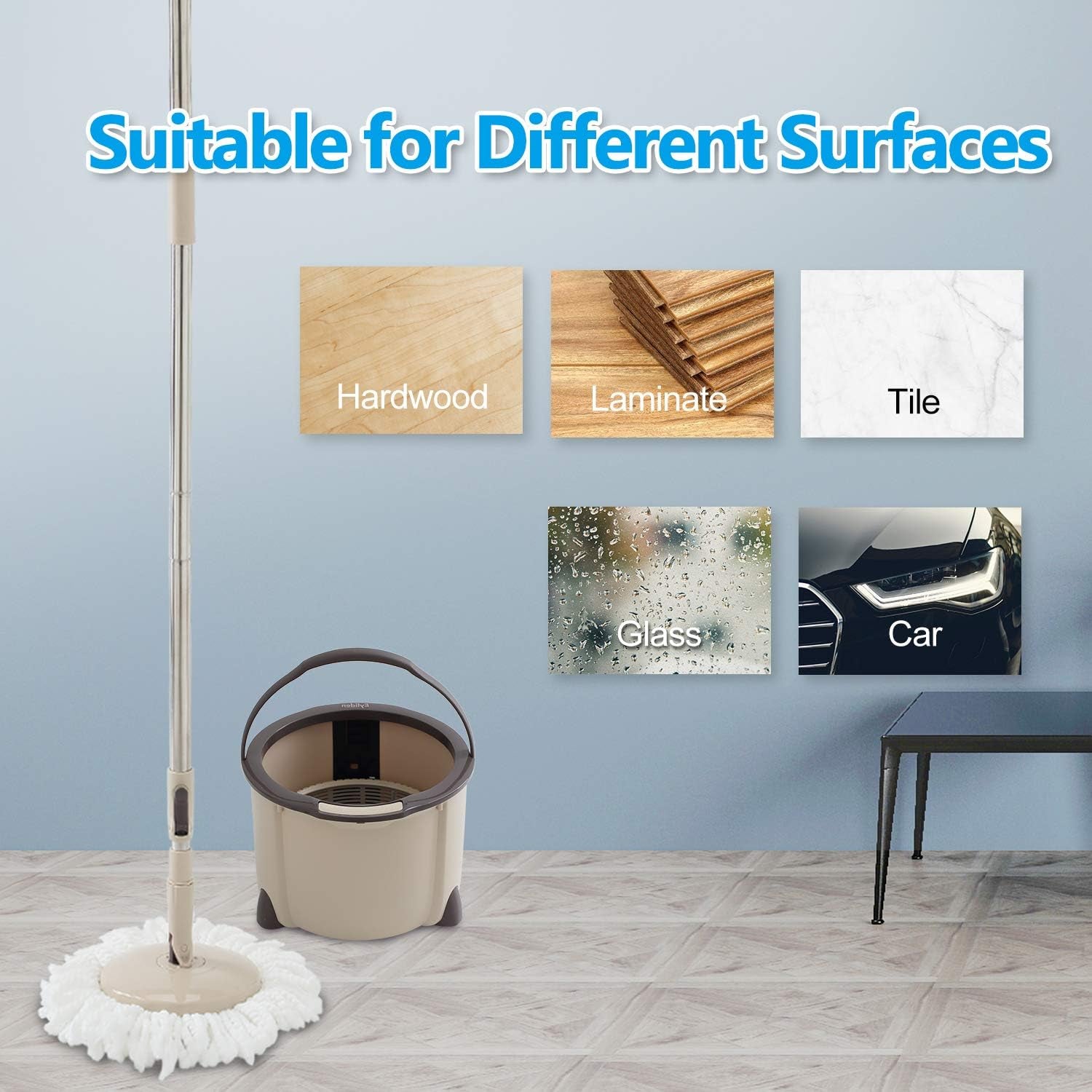 Spin Mop and Bucket Set, 2 Microfiber Heads, Wash & Dry | Self-Cleaning Mop Bucket System for Hardwood, Tile, Vinyl Floors, Adjustable Stainless Steel Handle, Space-Saving Design