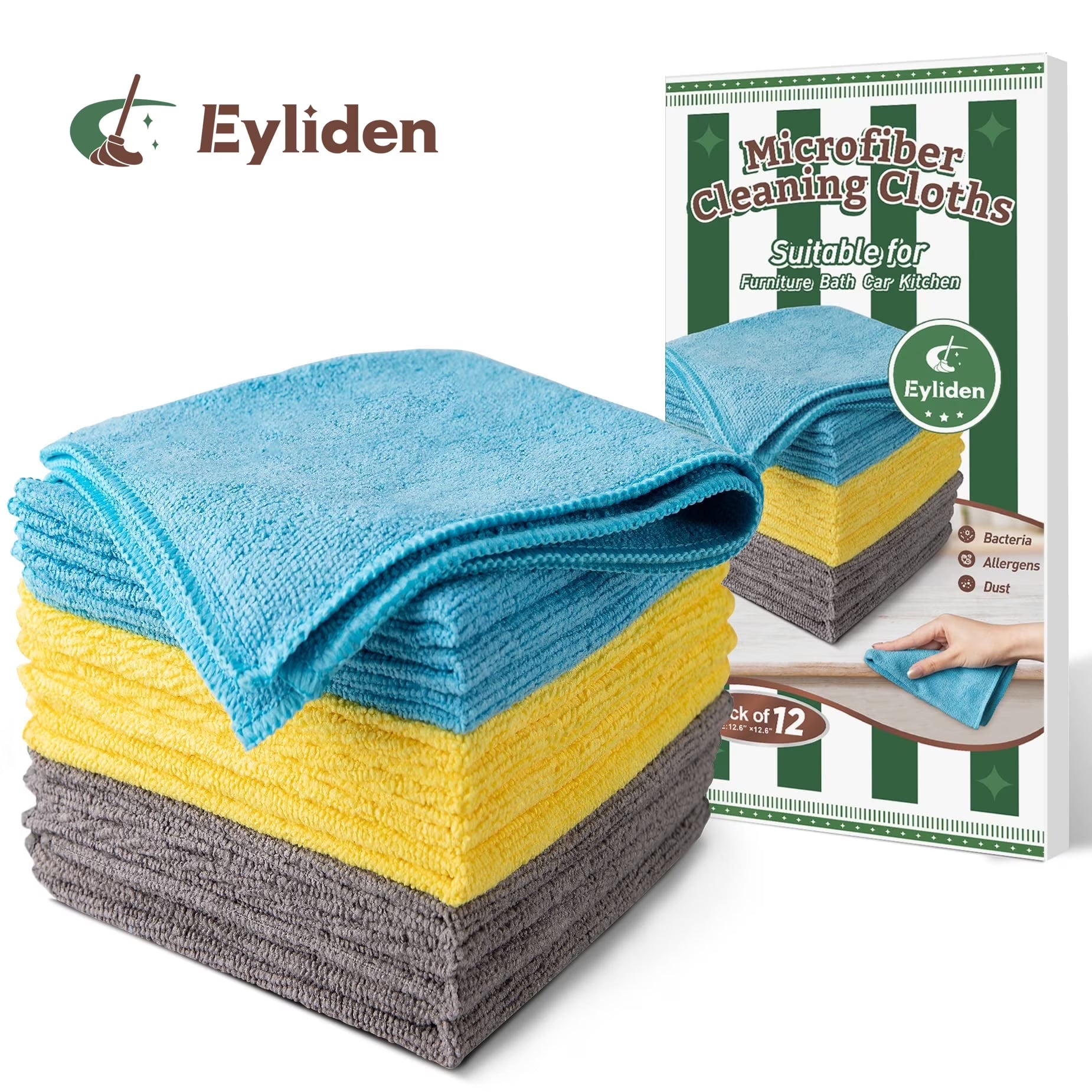 Microfiber Cleaning Cloths Wipe for Kitchen, Car Clean, Washable, Pack of 10, Size:12.6" X 12.6", Blue, Yellow, Gray
