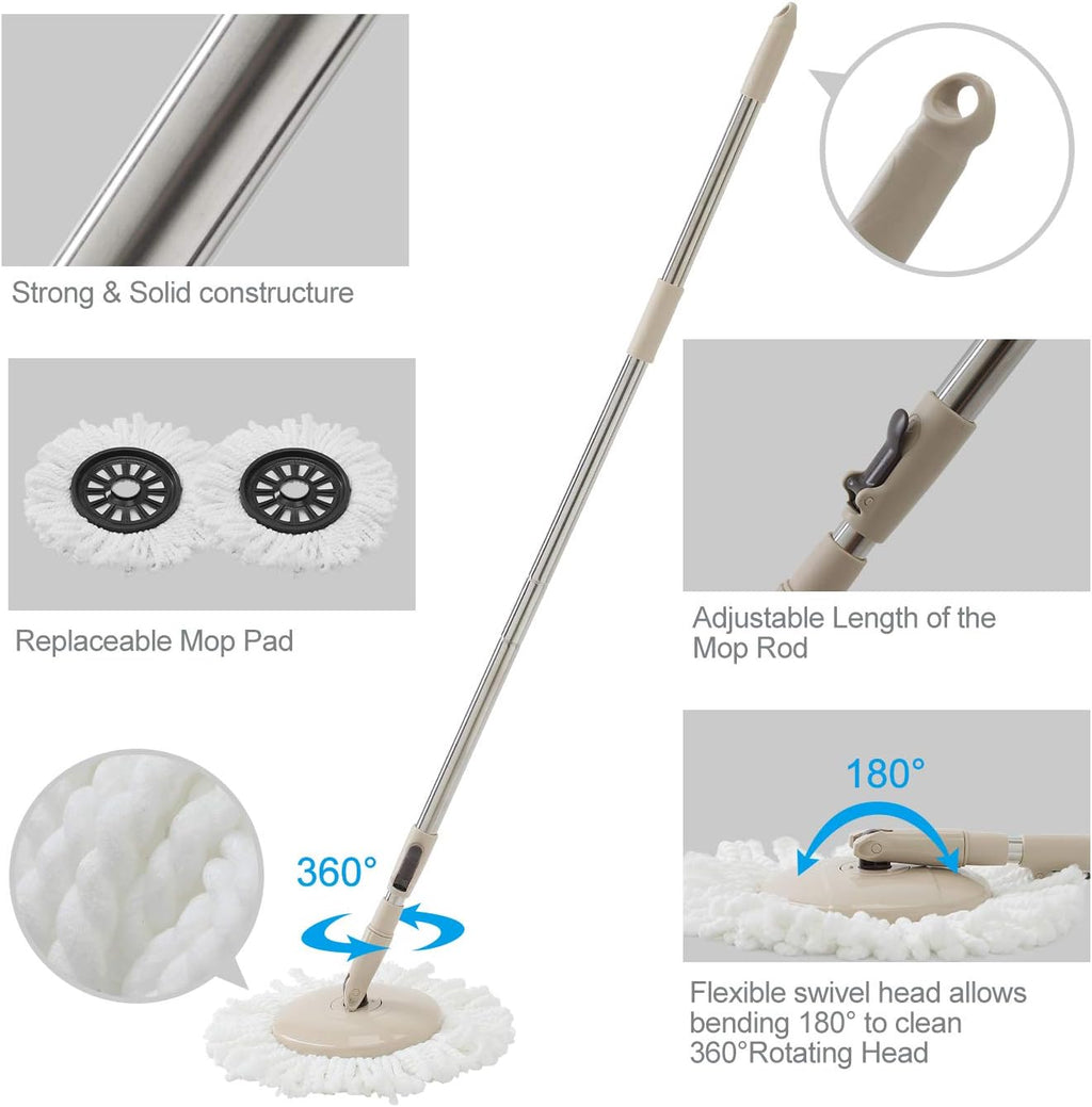 Spin Mop and Bucket Set, 2 Microfiber Heads, Wash & Dry | Self-Cleaning Mop Bucket System for Hardwood, Tile, Vinyl Floors, Adjustable Stainless Steel Handle, Space-Saving Design