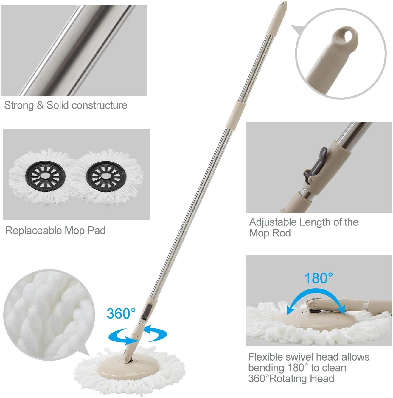 Spin Mop and Bucket Set, 2 Microfiber Heads, Wash & Dry | Self-Cleaning Mop Bucket System for Hardwood, Tile, Vinyl Floors, Adjustable Stainless Steel Handle, Space-Saving Design