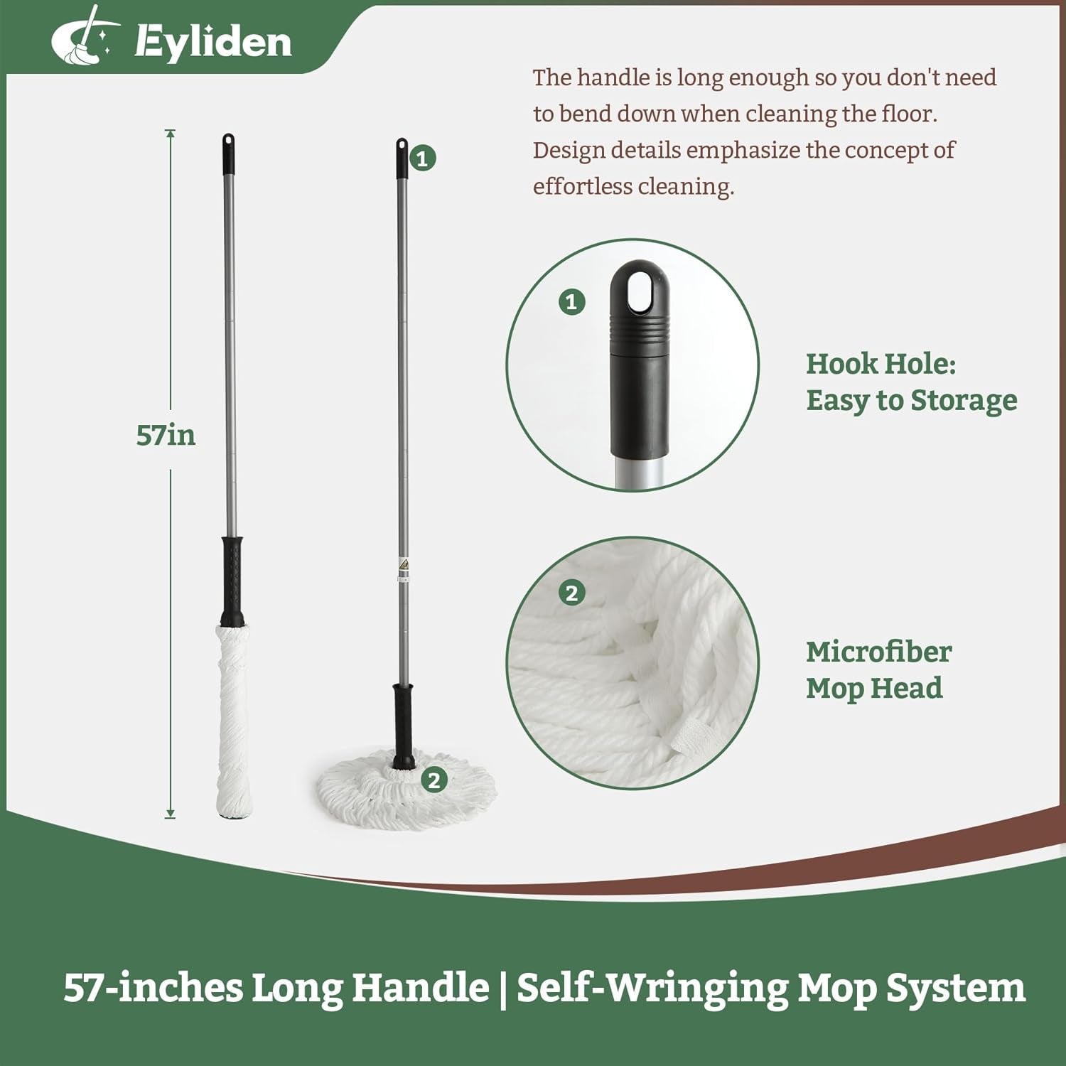 Twist Mop - Simple, 57" Long Handle, Self-Wringing Microfiber String Mop for Floor Cleaning, Traps Dust & Pet Hair, Absorbs Spills Quickly, Safe for All Floor Types, JX-0001, White